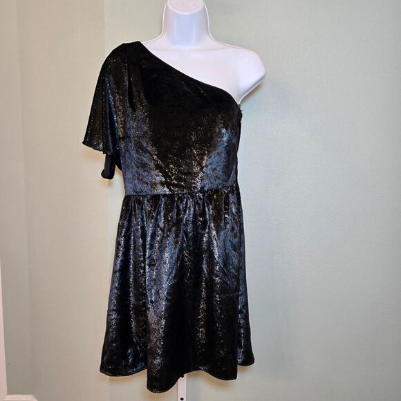 7 For All Mankind One Shoulder Dress Metallic Velour Black Womens Size Med Party - Picture 13 of 14